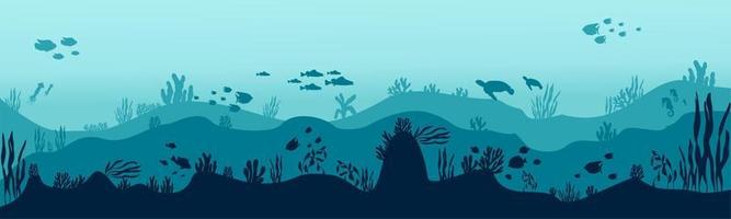 underwater silhouette background. underwater coral reef, sea fish and marine algae cartoon scene, underwater. vector live aqua and seabed