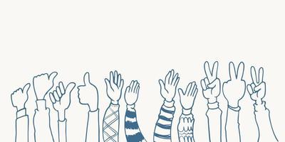 hand drawn hands five, thumb up and peace pose clapping ovation vector