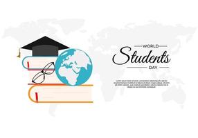 día internacional del estudiante con pila de libros, gafas y globo terráqueo vector