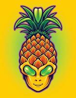 cabeza alienígena con ilustraciones de vectores de frutas de piña para el logotipo de su trabajo, camisetas de mercadería de mascotas, pegatinas y diseños de etiquetas, afiches, tarjetas de felicitación que anuncian empresas comerciales o marcas.