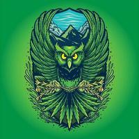 Owl flying with weed leaves mountain forest logo illustration vector