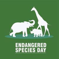 National Endangered Species Day vector with green silhouette of elephant, giraffe and rhino icon vector. Set of wild animal silhouettes. Simple and elegant design