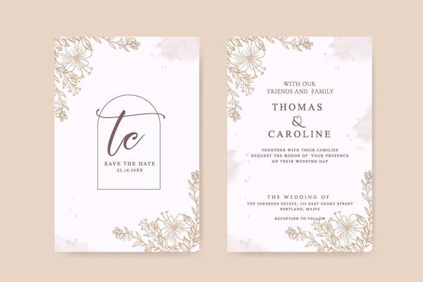 Wedding invitation template with golden brown flowers