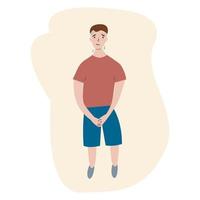 Urinary incontinence problem. The young man wants to pee. The guy feels pain in his groin. Experiencing pain. Flat vector illustration.