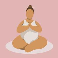 Body positive vector illustration. Plus size woman sitting on carpet and making yoga. Happy overweight girl in flat cartoon style. Simple modern drawing