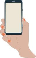 Hand holding smartphone with blank screen, vector illustration