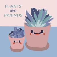 Cute flat plants with eyes and mouth in the pink pot standing on a table vector