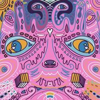 Hand drawn psychedelic cutest background. Animal in modern weird style. Eyes, lines, pastel colors, heart, square. vector