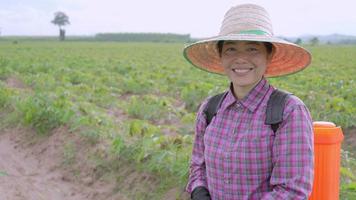 mulher agricultora está trabalhando sorrindo para a câmera, os sorrisos estão felizes em trabalhar no campo, agricultura asiática na tailândia rural, felicidade de retrato adulto senhora na plantação de mandioca no sudeste da ásia, video