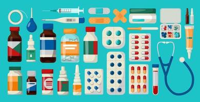 Medicine, pharmacy concept. Medical bottles, tubes and tablets. vector