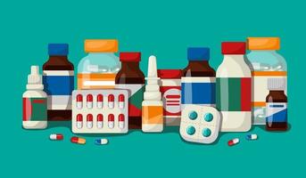 medicina, concepto de farmacia. botellas médicas, tubos y tabletas. vector
