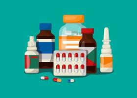 Medicine, pharmacy concept. Medical bottles, tubes and tablets.