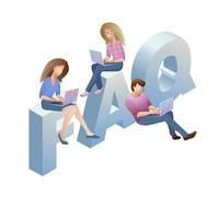 People with Laptops and Isometric Letters. FAQ Concept. vector