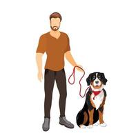 Young man and dog walk. Pet owner. Vector flat illustration.
