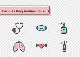 Covid-19 daily routine flat line icon set isolated on transparency background vector