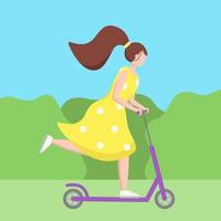 Young woman with beautiful brown hair riding kick scooter. Nice girl in yellow dress. Sports outdoor activity, active vacation. Personal electric and eco urban transport. Healthy lifestyle concept