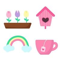 Set of spring elements. Flowers in pot, bird house, rainbow and cup with tea. Print for sticker pack, clothes, textile, seasonal design and decor. Illustration in pastel colors vector