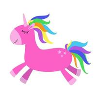 Cute pink unicorn with rainbow details. Vector illustration. Flat style print for textile, gift wrap, baby decor. Cartoon simple style illustration. Magical animal. Doodle style nursery decoration