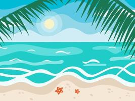 paisaje marino en estilo plano de dibujos animados. día soleado de verano, ilustración de playa y océano. fondo para banner, logotipo, letras, tarjeta, póster. cielo azul, mar y arena. panorama del paisaje, orilla del mar vector