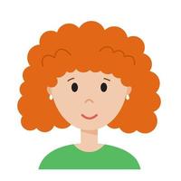 Funny cartoon woman face, cute avatar or portrait. Girl with orange curly hair. Young character for web in flat style. Print for sticker, emoji, icon. Minimalistic face, vector illustration