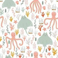 Marine seamless pattern with octopus and stingray underwater. Ocean animals swim in algae on a repeating print. vector