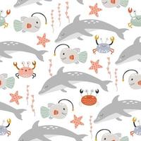 Marine seamless pattern with underwater animals. Repeating wild fish print for kids apparel vector