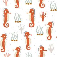Cute underwater red seahorses on a seamless pattern. Vector illustration of a fish on a fabric print