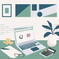 Office desk with graph chart laptop, calculator, blank paper, pen, coin and glasses. Preparation to start work. Flat design vector illustration