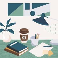 Office desk with ledger book, blank paper, pen, pencil, and coffee cup. Preparation to start work. Flat design vector illustration
