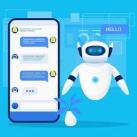 lindo robot de chat, chatbot, mascota de personaje con teléfono inteligente en fondo azul