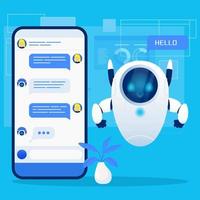 lindo robot de chat, chatbot, mascota de personaje con teléfono inteligente en fondo azul