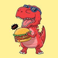 genial dinosaurio comiendo dibujos animados de hamburguesas. vector