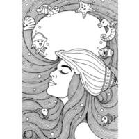 Hand drawing of a beautiful girl with long hair and sea animal vector