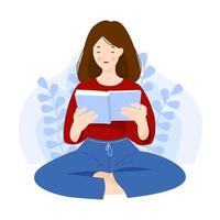 The girl is reading a book. A woman is sitting with a book in her hands. Vector flat illustration.