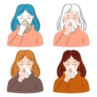 Set of portraits of a sick woman with a runny nose and a handkerchief. The girl is sick with coronavirus or flu. Vector hand drawn illustration.