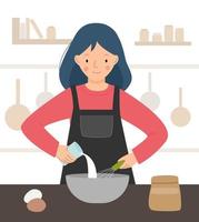 Vector scene with a cook in the kitchen. Woman cooking. Chef woman. Vector flat illustartion.