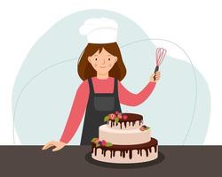 Vector scene with a cook in the kitchen. Woman cook preparing cake with berries.
