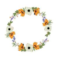 watercolor yellow sunflower and white anemone flower bouquet wreath frame vector