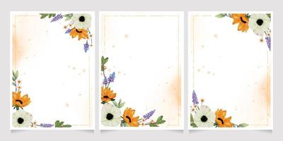watercolor yellow sunflower and white anemone flower bouquet frame 5x7 invitation card wash splash background template collection vector