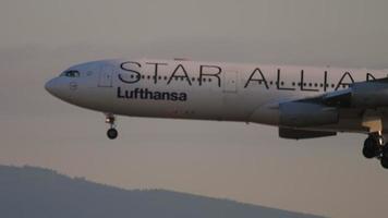 FRANKFURT AM MAIN, GERMANY JULY 21, 2017 - Side view of Airbus 340 Lufthansa Star Alliance livery approaching before landing at Fraport, Frankfurt. Tourism and travel concept video