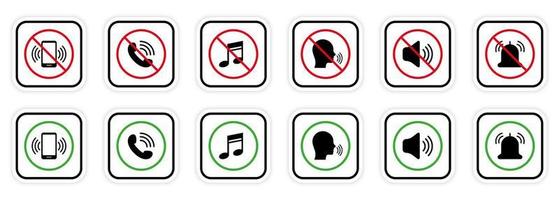 Silence Mute Zone Red Forbidden Round Sign. Warning Ban Noise Rule. Notification Call Black Silhouette Icon Set. Use Phone Speak Loud Allowed Area Green Symbol. Isolated Vector Illustration.