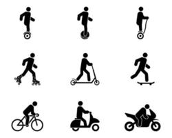 conjunto de iconos de silueta negra de alquiler de transporte urbano eléctrico. hombre gyroscooter bicicleta patín patineta patinete monociclo pictograma de glifo. símbolo de transporte de dispositivo ecológico. ilustración vectorial aislada. vector