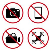 Smartphone Camera Quadcopter Forbidden Pictogram. Ban Recording Video Black Silhouette Icon. Prohibited Photo Camera Red Stop Circle Symbol. No Allowed Copter Zone Sign. Isolated Vector Illustration.