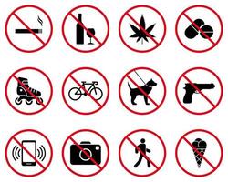 Forbidden Caution Pictogram Set. Restriction Area Ban Black Silhouette Icon Collection. Warning Red Stop Circle Symbol. Alert No Allowed Zone Sign. Prohibited Icon. Isolated Vector Illustration.