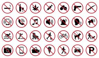 Forbidden Pictogram Set. Attention Restriction Zone Black Silhouette Icon. Caution Red Stop Circle Symbol. Warning No Allowed Round Sign. Prohibited Ban Collection. Isolated Vector Illustration.