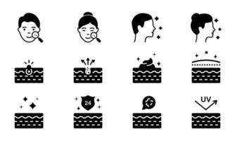 Face Skin Care Set Silhouette Icon. Pimple, Blackhead, Microbes on Skin, Protect of UV, Cream Black Pictogram. Man and Woman Beauty Skincare Icon. Isolated Vector Illustration.