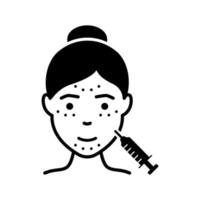 icono de silueta de inyección facial de mujer. cosmetología cuidado de la piel para pictograma de cara de niña. relleno, ácido, botox, mesoterapia, procedimiento antienvejecimiento icono negro. ilustración vectorial aislada. vector