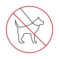 no caminar con correa icono de línea de prohibición de cachorro de perro doméstico. caminar animal mascota prohibido contorno pictograma. advertencia de que no hay señal de mascota. prohibir el símbolo de parada roja de perro grande labrador. ilustración vectorial aislada. vector