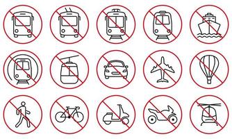 prohibir el tren, el carro, el vehículo, la motocicleta, el tranvía, la bicicleta, el autobús lanzadera, el conjunto de iconos de la línea negra de la estación de bicicletas. Señal de parada roja de carretera prohibida. pictograma prohibido de transporte. ilustración vectorial aislada. vector