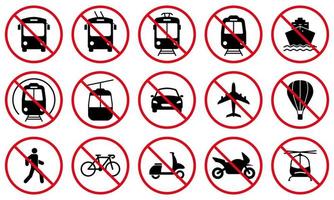 conjunto de iconos de silueta negra de transporte de prohibición. vehículo prohibido coche, tren, bicicleta, trolebús, autobús lanzadera, tranvía, bicicleta, pictograma de motocicleta. símbolo de parada roja de carretera prohibida. ilustración vectorial aislada. vector